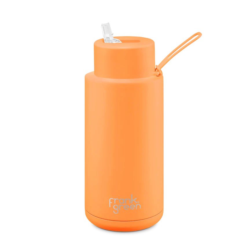 Frank Green 34OZ (1L) Ceramic Reusable Bottle w Straw Lid - Neon Orange - Urban Naturals