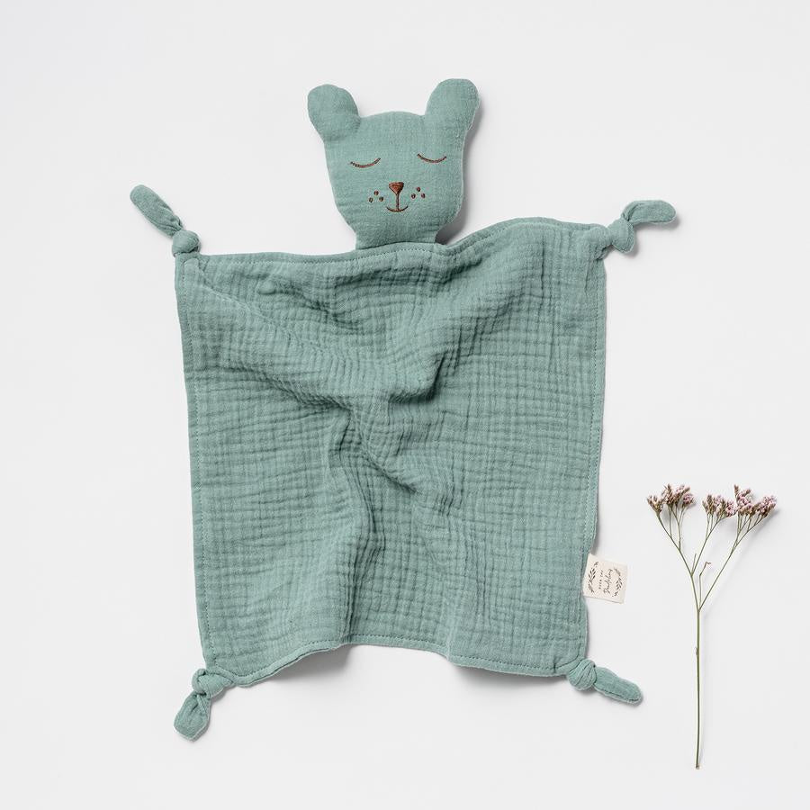 Over The Dandelions Organic Muslin Sleepy Bear Lovey -Sage - Urban Naturals