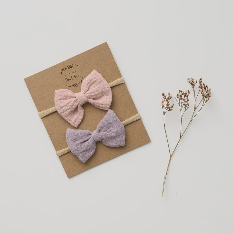 Over The Dandelions - Organic Muslin Bow Headband set of 2 Lilac + Blush - Urban Naturals